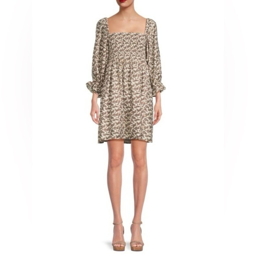 NWT Kourt Portia Mini Dress Brown Cream Paisleys Square Neck Smocked Size L